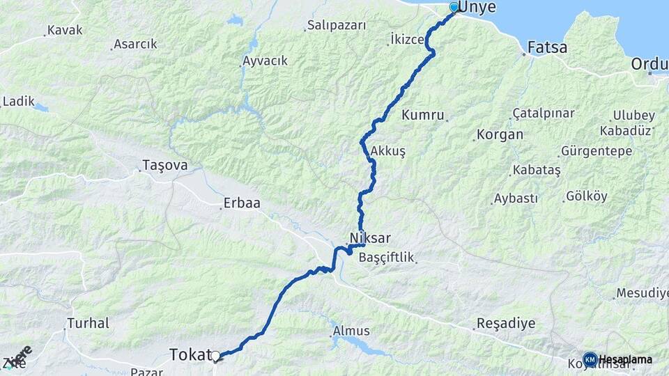 Ordu Ünye Tokat Arası Kaç Km - Yol Haritası