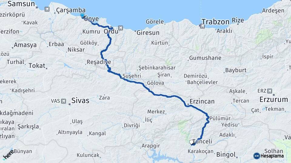 Ordu Ünye Tunceli Arası Kaç Km - Yol Haritası