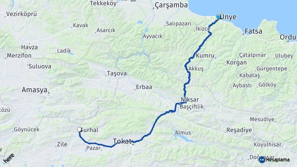 Ordu Ünye Turhal Tokat Arası Kaç Km - Yol Haritası