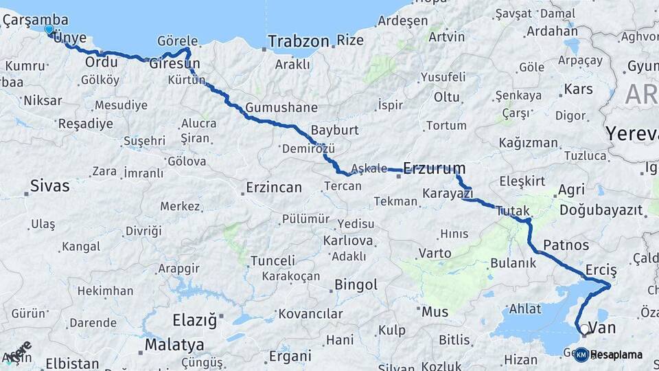 Ordu Ünye Van Arası Kaç Km - Yol Haritası