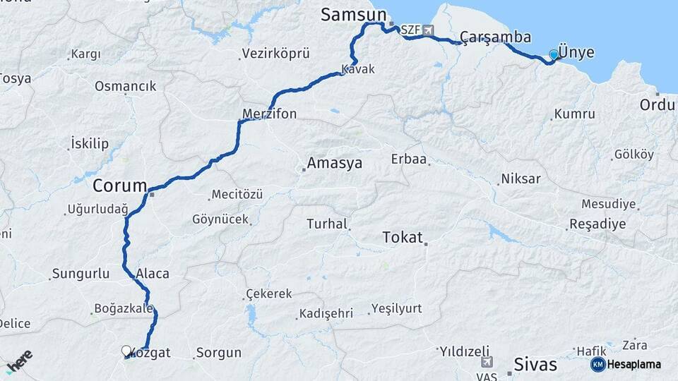 Ordu Ünye Yozgat Arası Kaç Km - Yol Haritası