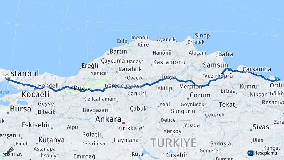 Ordu Üsküdar İstanbul Arası Kaç Km - Yol Haritası