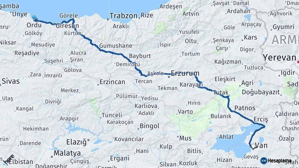 Ordu Van Arası Kaç Km - Yol Haritası
