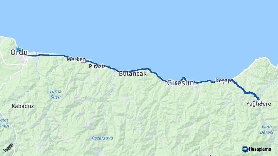 Ordu Yağlıdere Arası Kaç Km - Yol Tarifi
