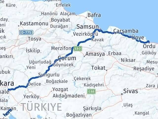 Ordu Yahşihan Kırıkkale Arası Kaç Km - Yol Haritası