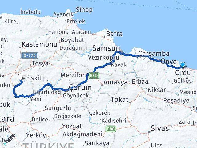 Ordu Yapraklı Çankırı Arası Kaç Km - Yol Haritası