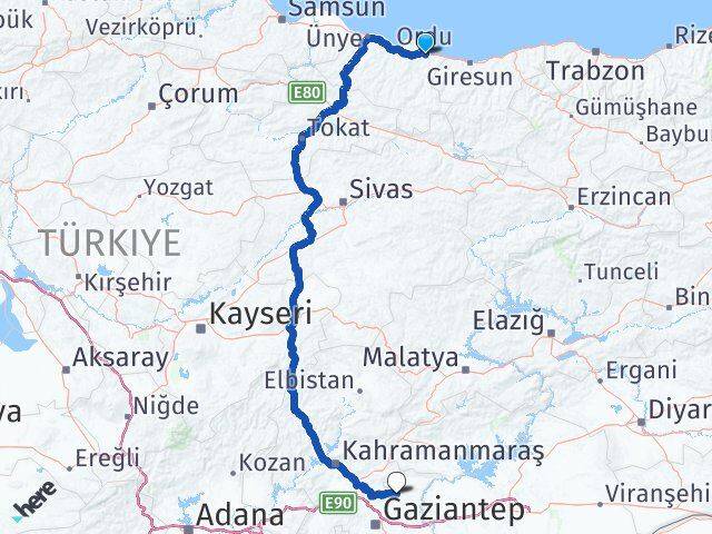 Ordu Yavuzeli Gaziantep Arası Kaç Km - Yol Haritası