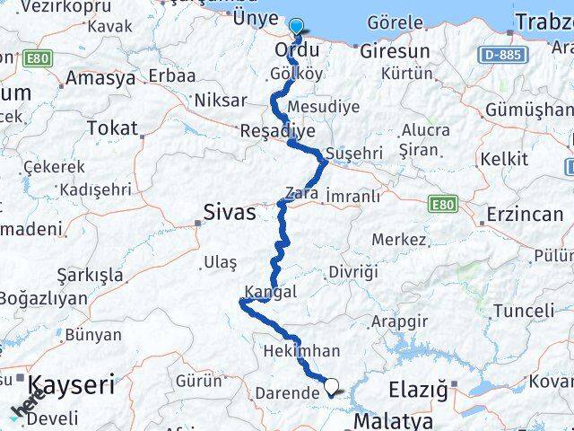 Ordu Yazıhan Malatya Arası Kaç Km - Yol Haritası