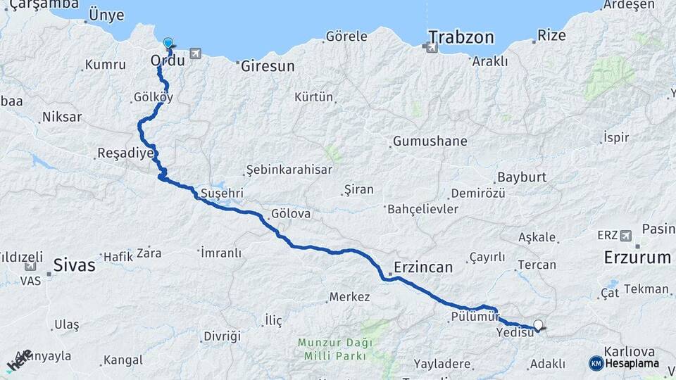 Ordu Yedisu Bingöl Arası Kaç Km - Yol Haritası