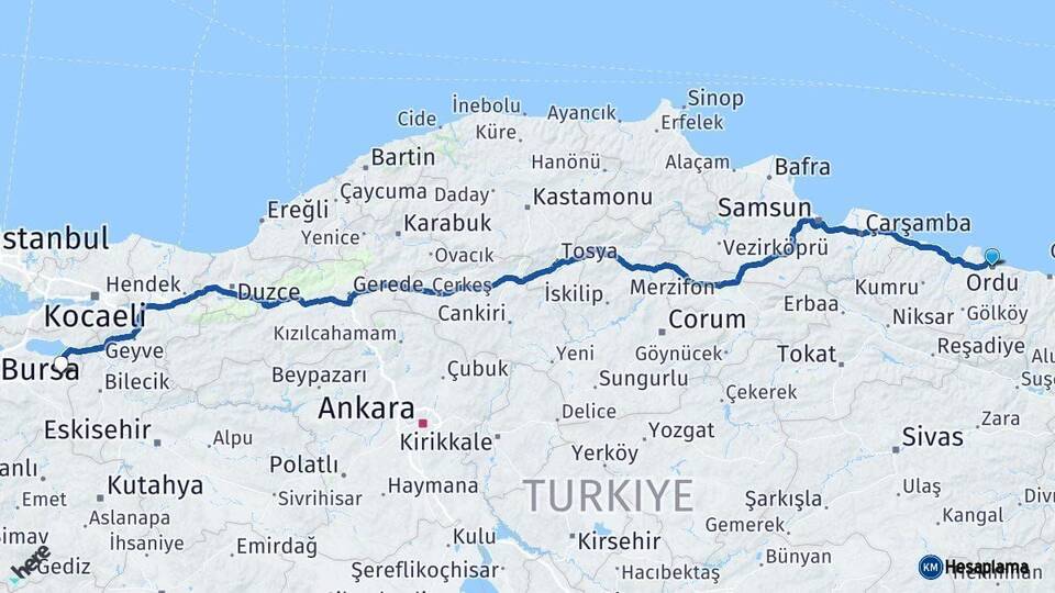 Ordu Yenişehir Bursa Arası Kaç Km - Yol Haritası
