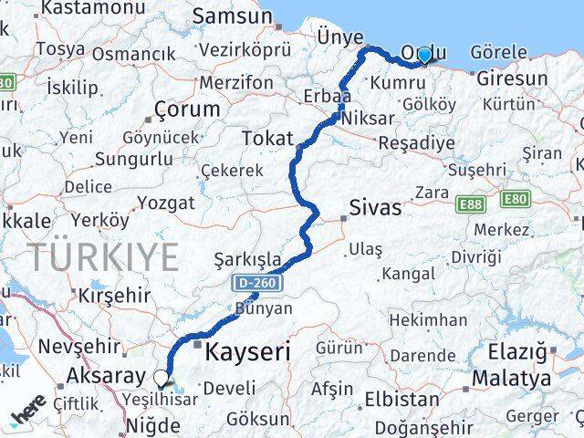 Ordu Yeşilhisar Kayseri Arası Kaç Km - Yol Haritası