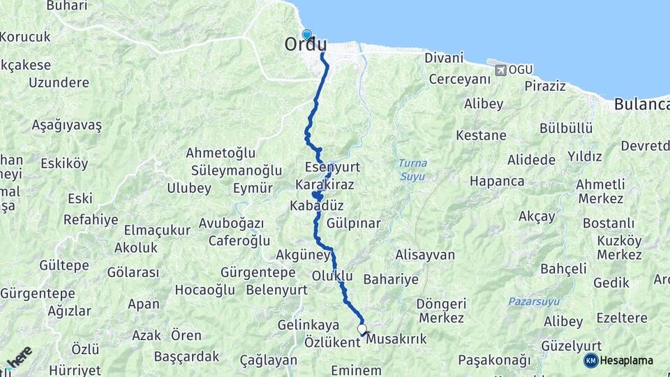 Ordu Yokuşdibi Kabadüz Arası Kaç Km - Yol Haritası