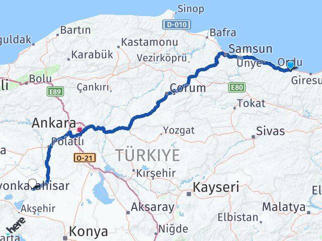 Ordu Yunak Konya Arası Kaç Km - Yol Haritası
