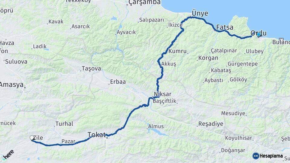 Ordu Zile Tokat Arası Kaç Km - Yol Haritası