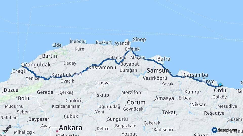 Ordu Zonguldak Arası Kaç Km - Yol Haritası