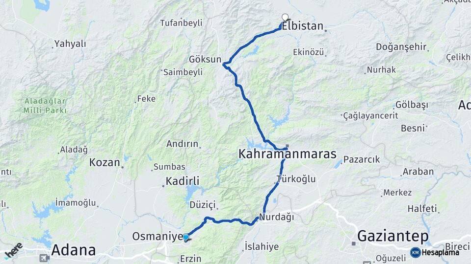 Osmaniye Afşin Kahramanmaraş Arası Kaç Km - Yol Haritası