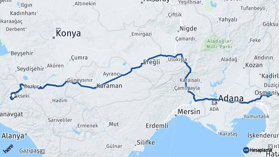 Osmaniye Akseki Antalya Arası Kaç Km - Yol Haritası