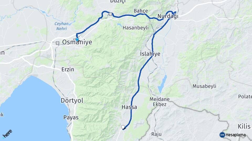 Osmaniye Aktepe Hassa Hatay Arası Kaç Km - Yol Haritası
