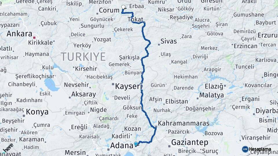 Osmaniye Amasya Arası Kaç Km - Yol Haritası