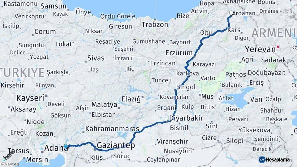 Osmaniye Ardahan Arası Kaç Km - Yol Haritası