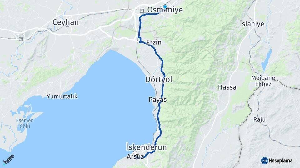 Osmaniye Arsuz Hatay Arası Kaç Km - Yol Haritası