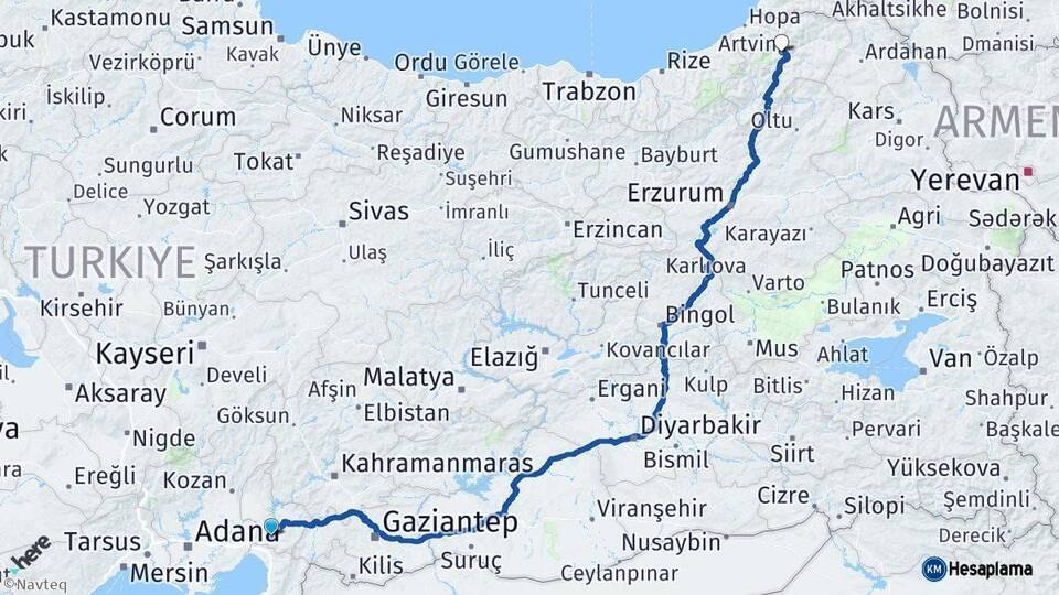 Osmaniye Artvin Arası Kaç Km - Yol Haritası
