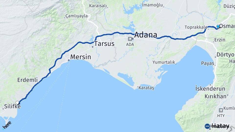 Osmaniye Atakent Silifke Mersin Arası Kaç Km - Yol Haritası