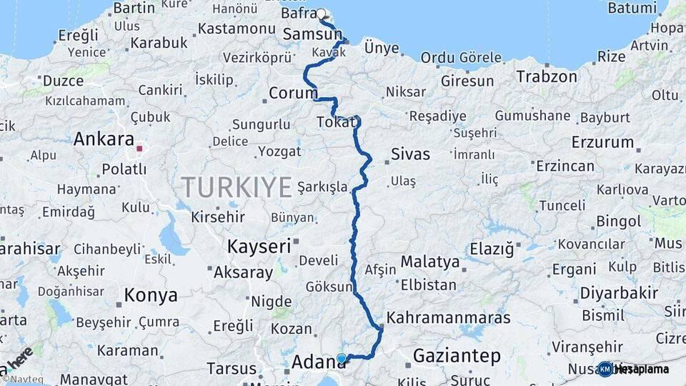 Osmaniye Bafra Samsun Arası Kaç Km - Yol Haritası