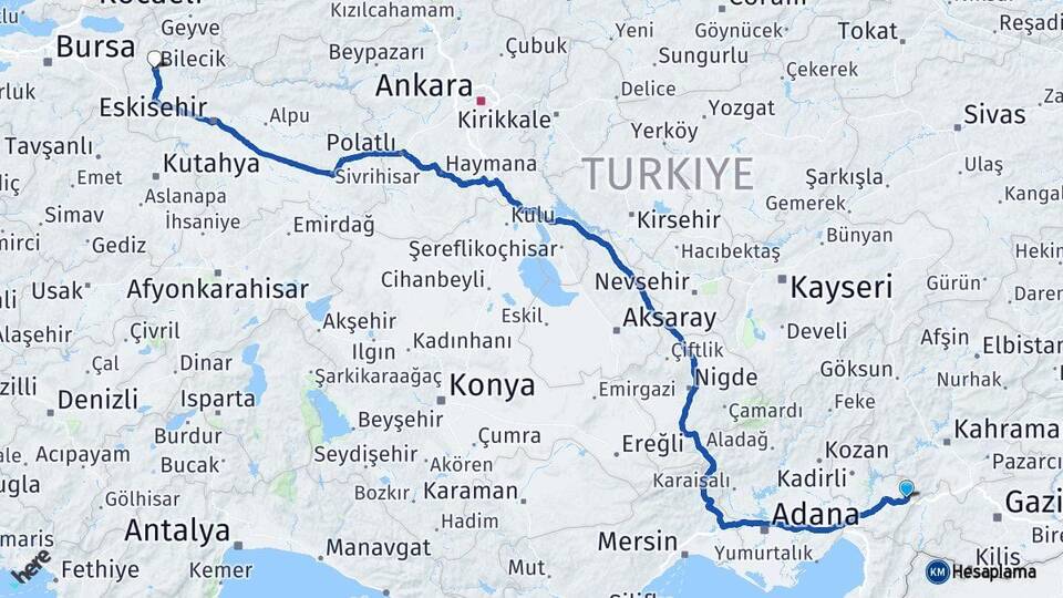 Osmaniye Bahçe Bilecik Arası Kaç Km - Yol Haritası