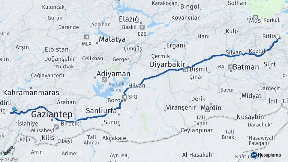 Osmaniye Bahçe Bitlis Arası Kaç Km - Yol Haritası