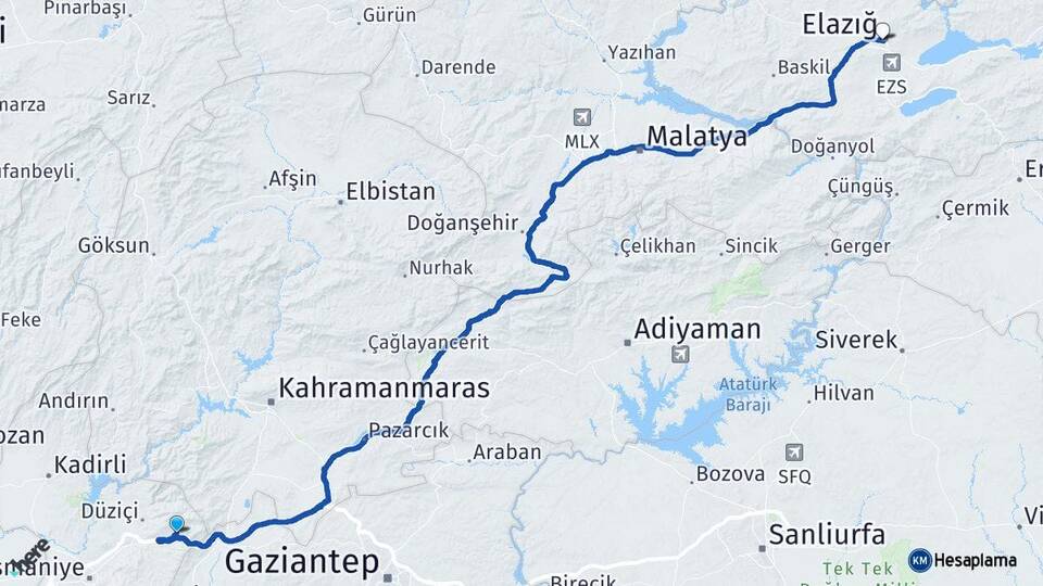Osmaniye Bahçe Elazığ Arası Kaç Km - Yol Haritası
