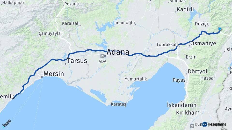 Osmaniye Bahçe Erdemli Mersin Arası Kaç Km - Yol Haritası