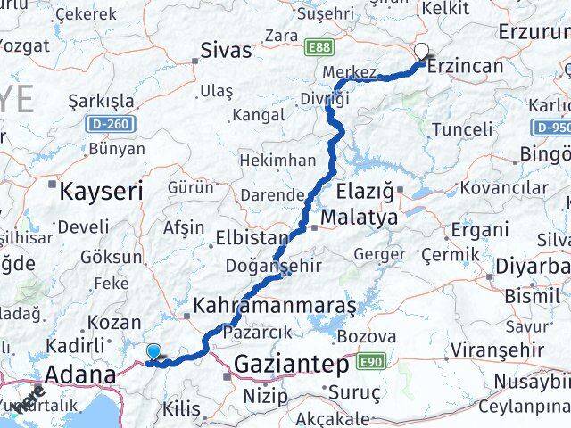 Osmaniye Bahçe Erzincan Arası Kaç Km - Yol Haritası