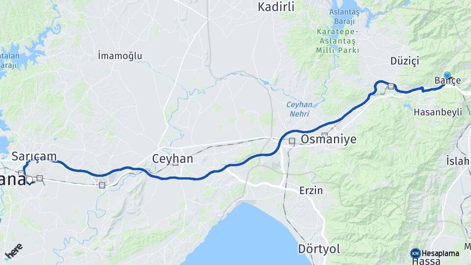 Osmaniye Bahçe İncirlik Cumhuriyet Yüreğir Adana Arası Kaç Km - Yol Haritası