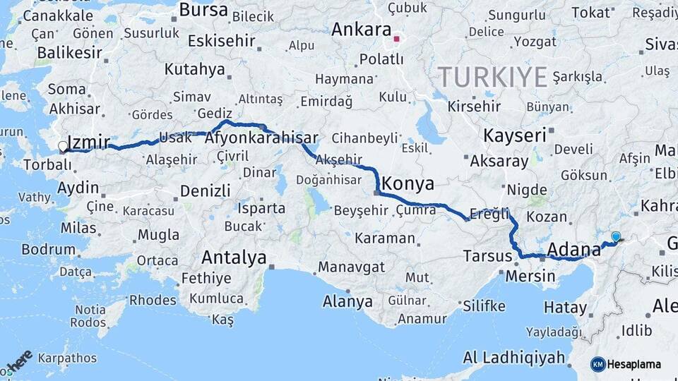 Osmaniye Bahçe İzmir Arası Kaç Km - Yol Haritası