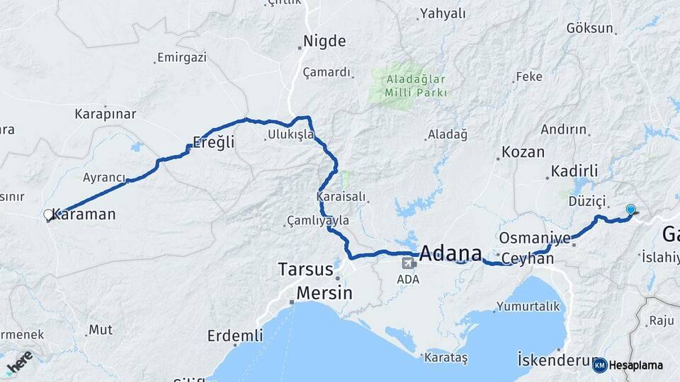 Osmaniye Bahçe Karaman Arası Kaç Km - Yol Haritası