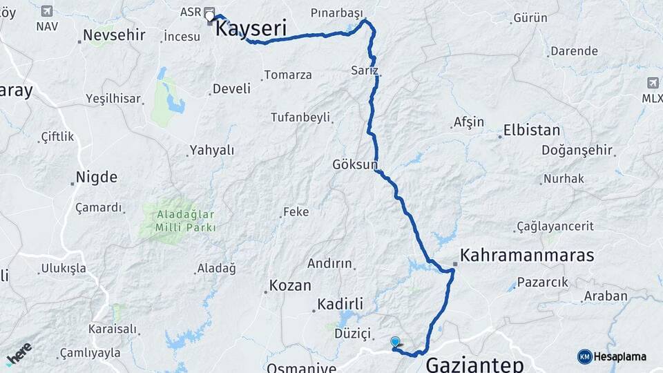 Osmaniye Bahçe Kayseri Arası Kaç Km - Yol Haritası