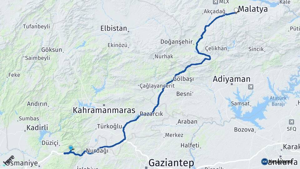 Osmaniye Bahçe Malatya Arası Kaç Km - Yol Haritası