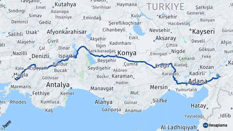 Osmaniye Bahçe Muğla Arası Kaç Km - Yol Haritası