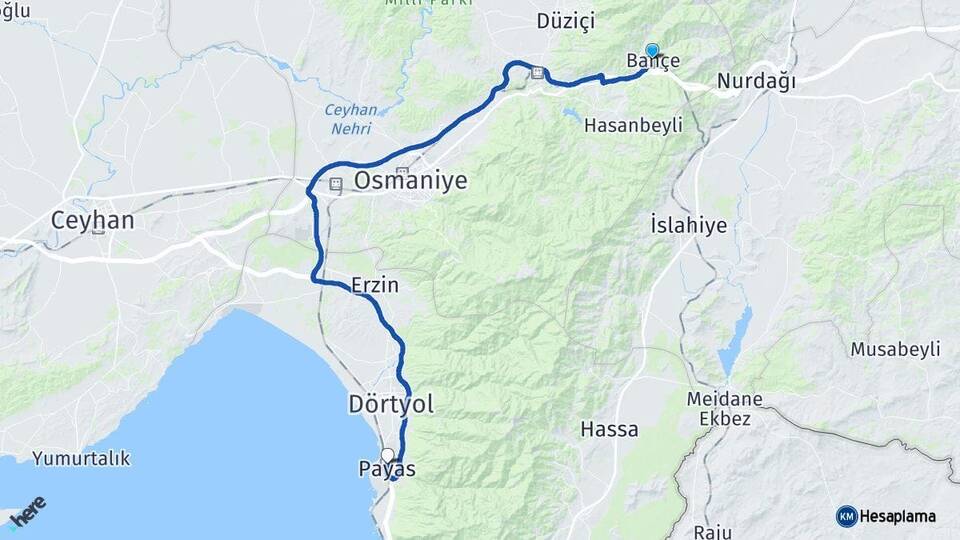 Osmaniye Bahçe Payas Hatay Arası Kaç Km - Yol Haritası