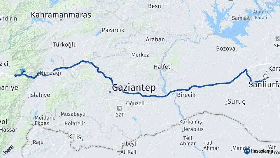 Osmaniye Bahçe Şanlıurfa Arası Kaç Km - Yol Haritası