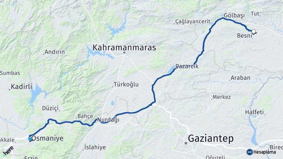Osmaniye Besni Adıyaman Arası Kaç Km - Yol Haritası