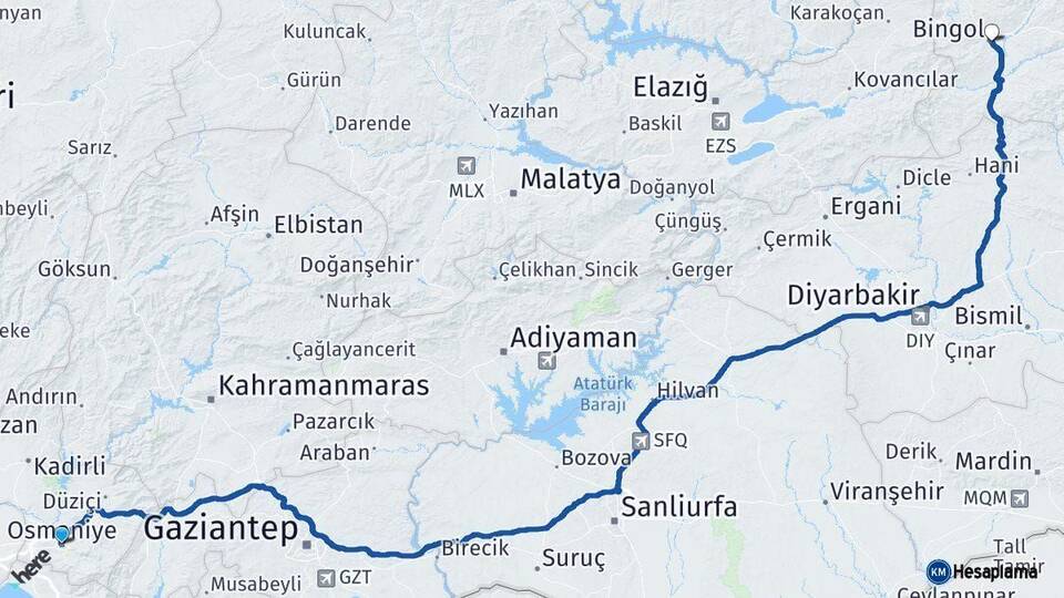 Osmaniye Bingöl Arası Kaç Km - Yol Haritası