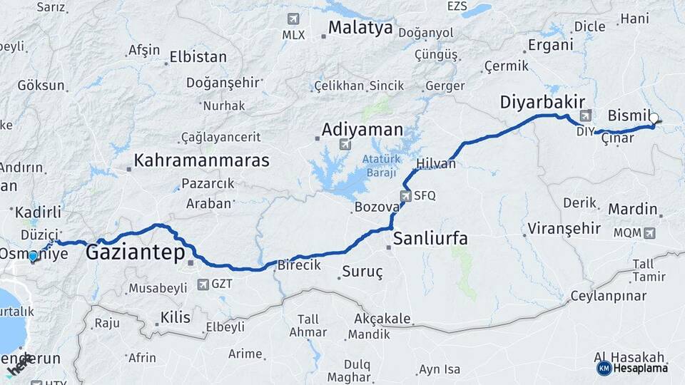 Osmaniye Bismil Diyarbakır Arası Kaç Km - Yol Haritası