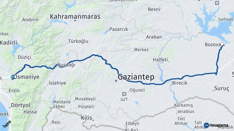 Osmaniye Bozova Şanlıurfa Arası Kaç Km - Yol Haritası