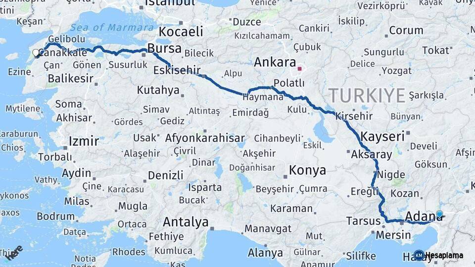 Osmaniye Çanakkale Arası Kaç Km - Yol Haritası