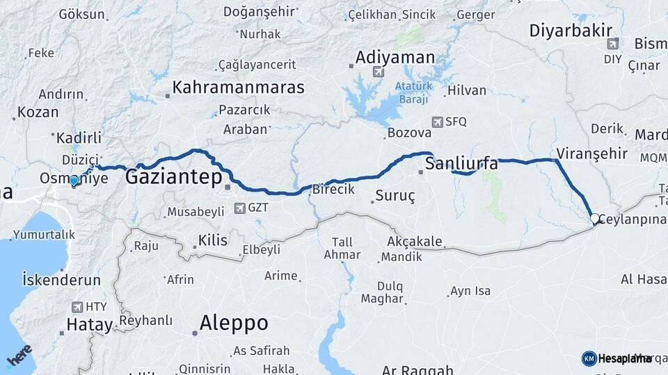 Osmaniye Ceylanpınar Şanlıurfa Arası Kaç Km - Yol Haritası