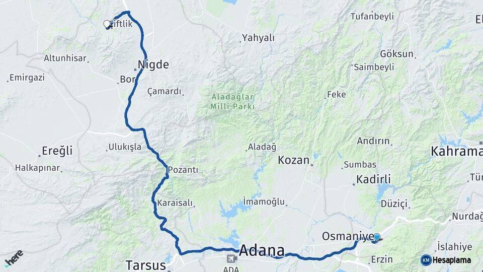 Osmaniye Çiftlik Niğde Arası Kaç Km - Yol Haritası