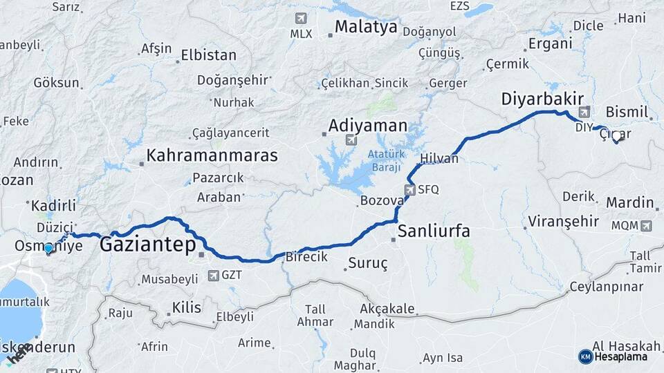 Osmaniye Çınar Diyarbakır Arası Kaç Km - Yol Haritası