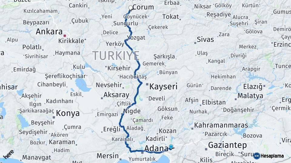Osmaniye Çorum Arası Kaç Km - Yol Haritası